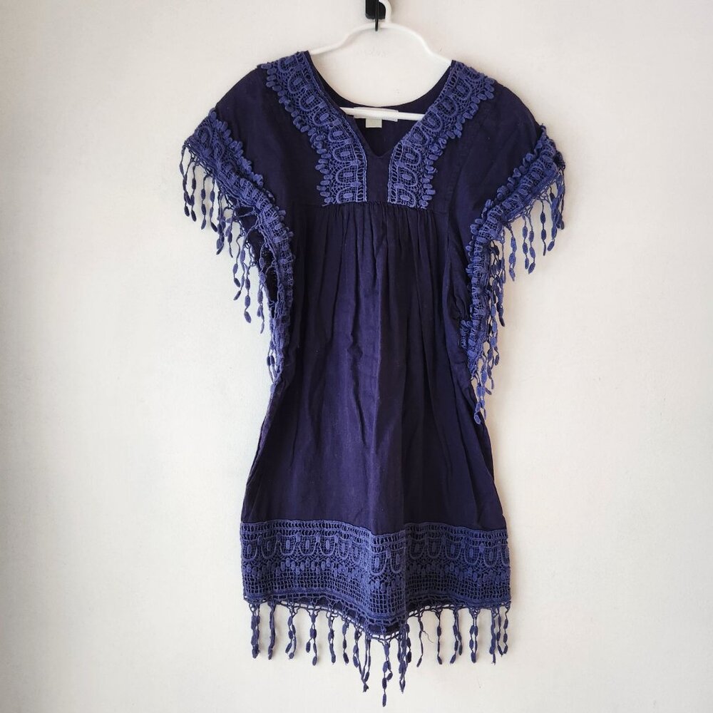 Garnet Hill Kids Blue Tunic Dress Lace Fringe Trim Summer 100% Cotton Girls M